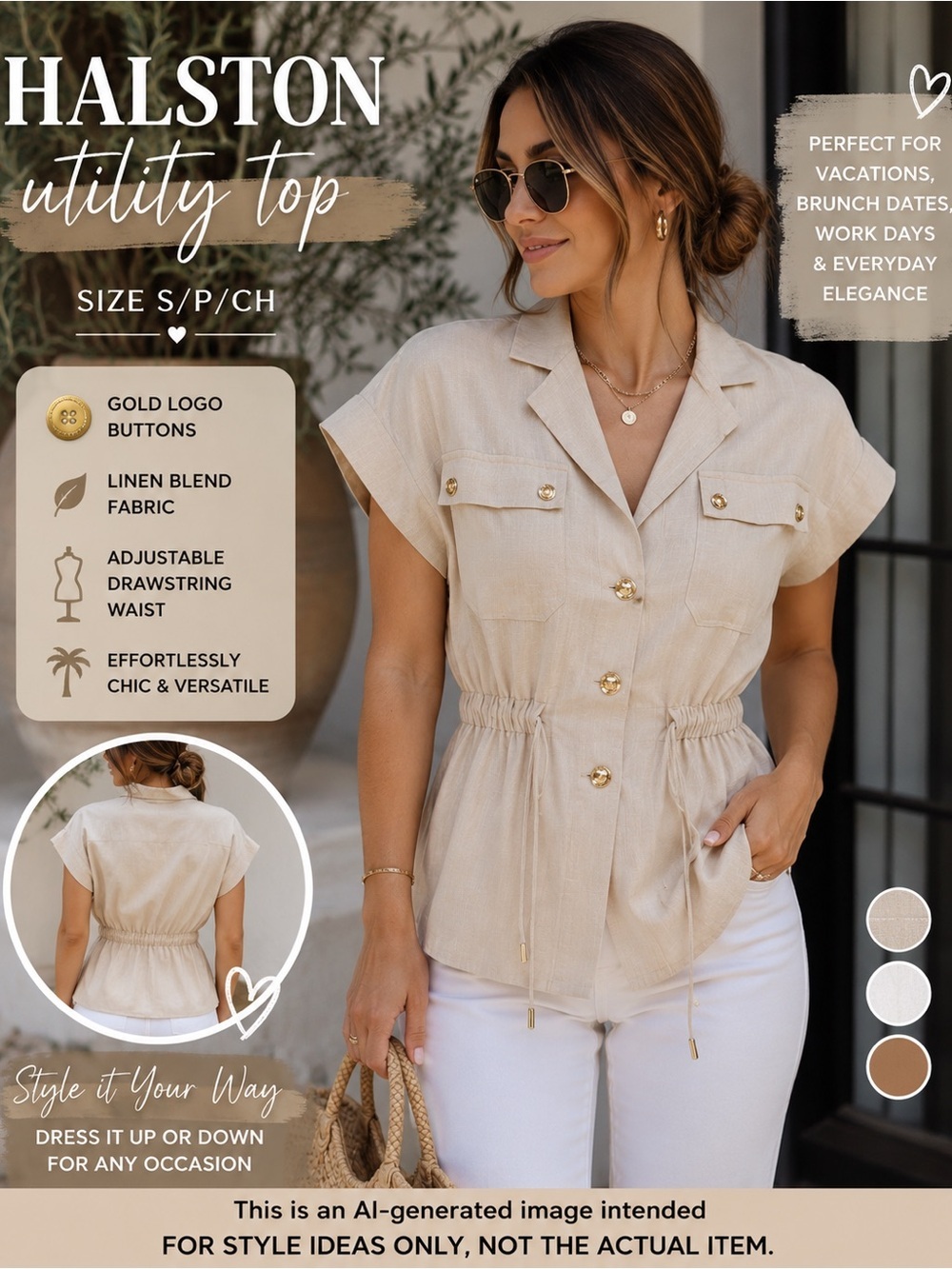 Halston Heritage Beige Utility Safari Top Small Linen Blend Gold Button Shirt - Picture 2 of 8